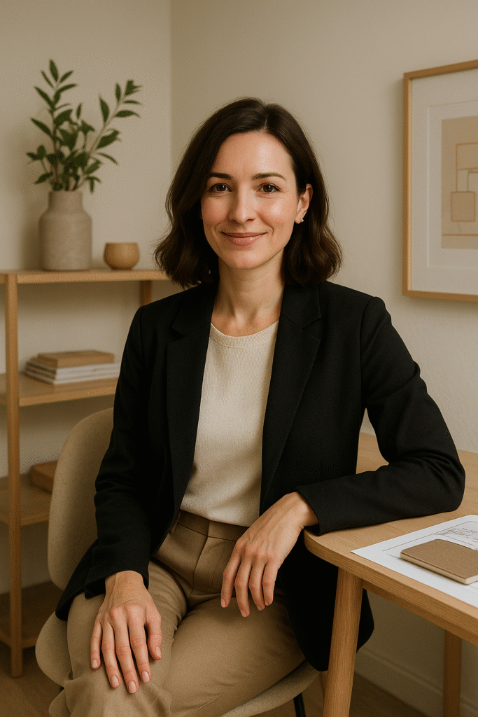 The image portrays Eve, a woman in her mid-30s, seated confidently in a cozy, modern minimalist workspace.