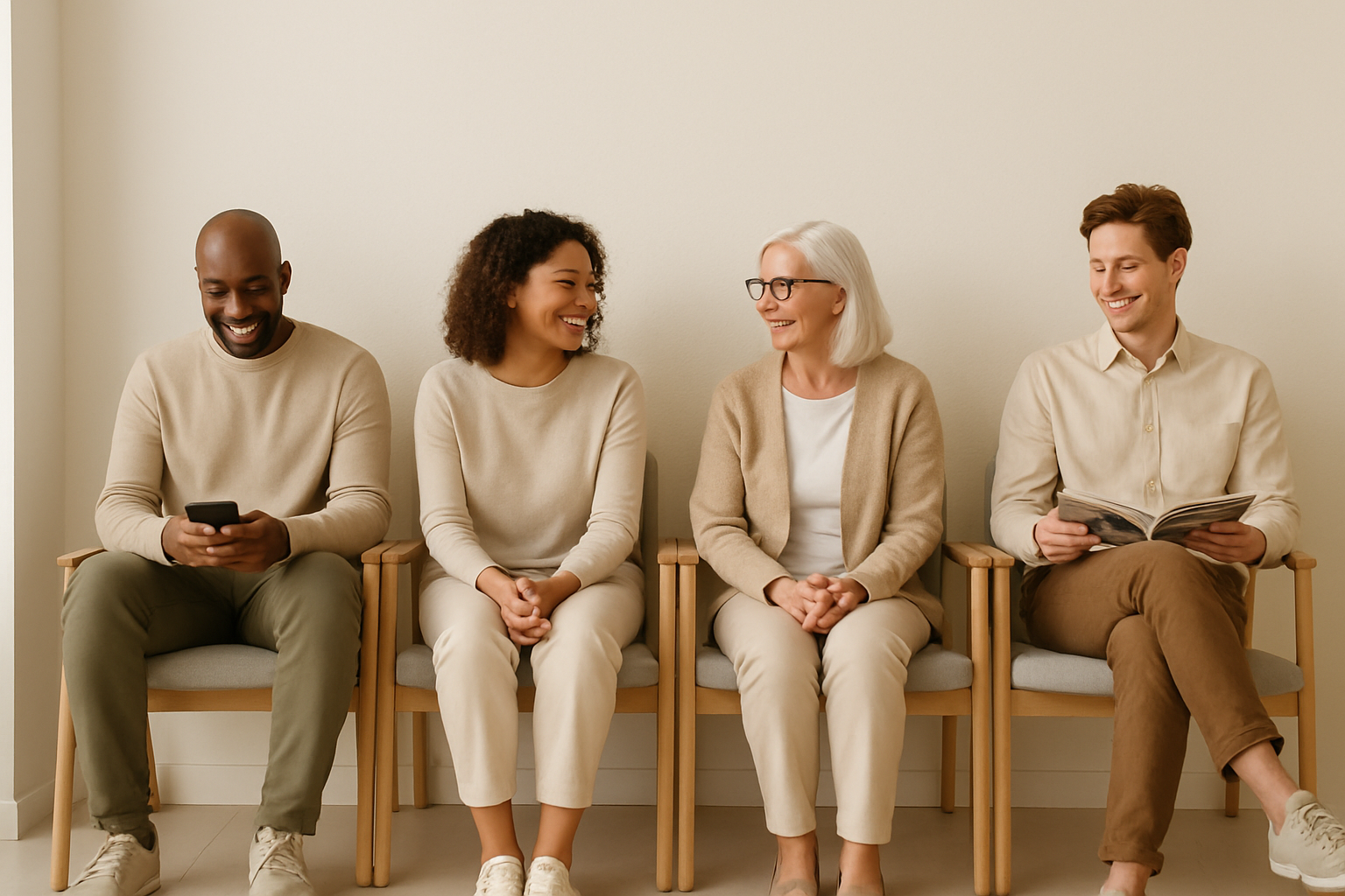 Minimalist waiting room with four happy people seated on wooden chairs against a soft beige background.