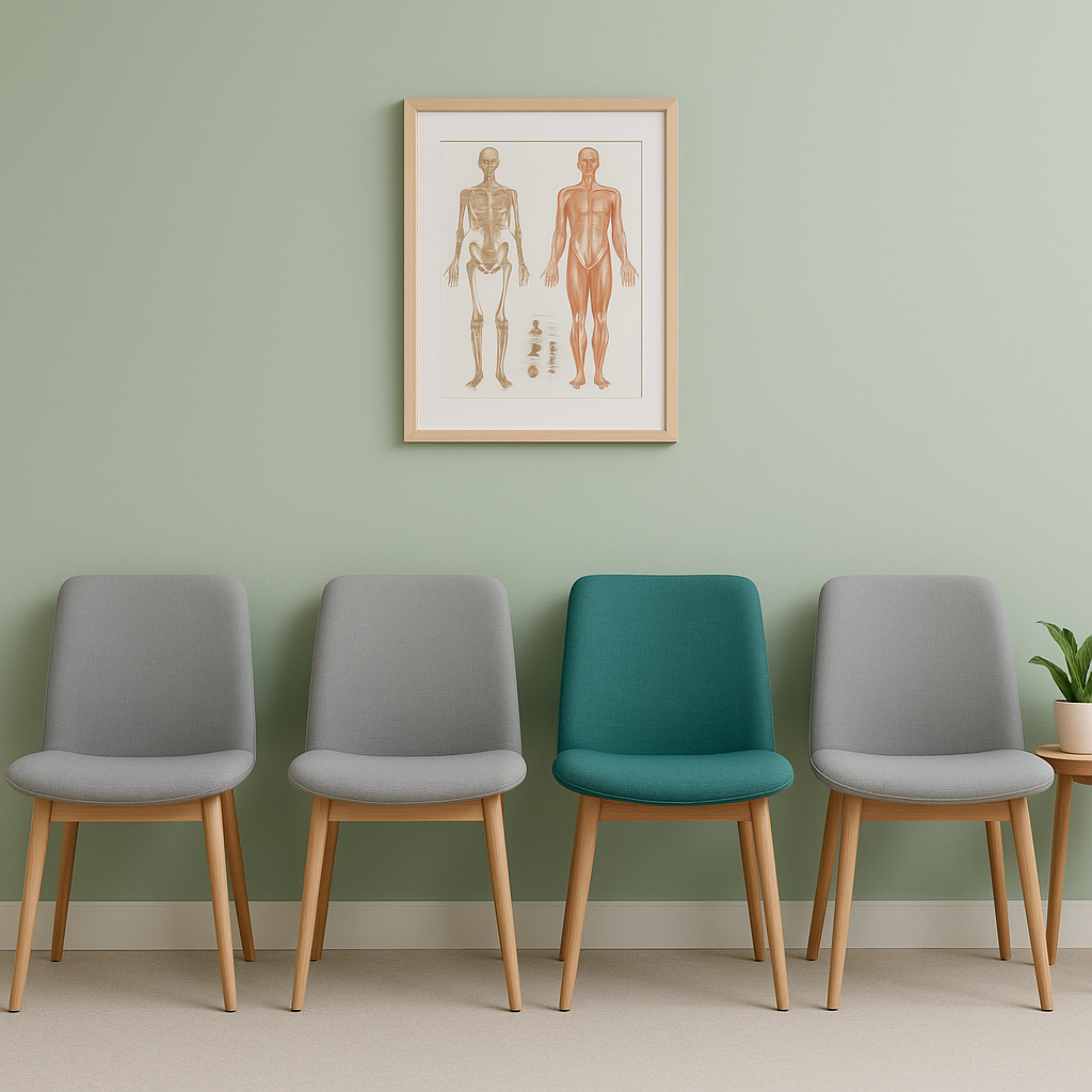 A modern doctor’s office waiting room with four chairs against a pastel green wall, including a framed anatomical poster and a small side table with a plant.